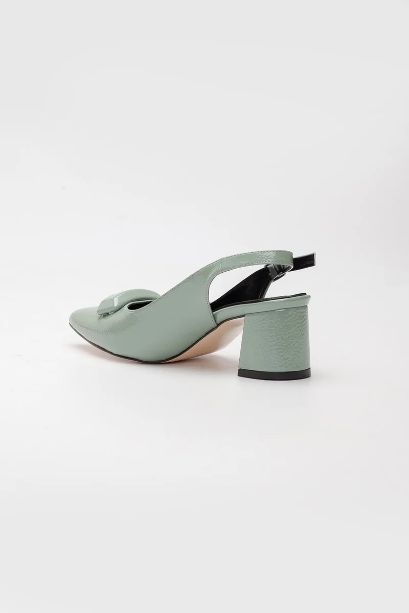 Dilimler Ayakkabı Slices Shoes Patent Leather Buckle Green Women's Short Heeled Shoes