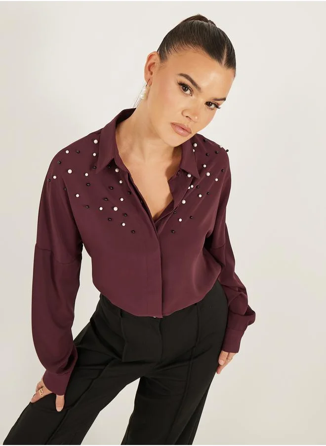 Styli Faux Pearl Embellished Long Sleeve Regular Fit Shirt