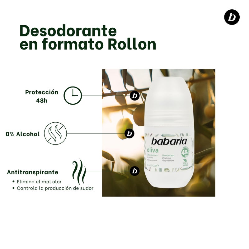 Babaria Olive Oil Roll On Deodorant 50ml Alcohol and Paraben Free by Babaria - Image 2