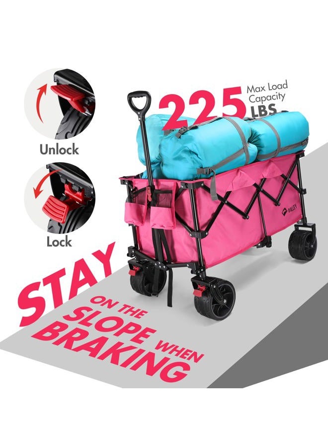 VILLEY Collapsible Wagon with Big Wheels, Enlarged 225lbs Load Capacity Beach Wagon, Heavy Duty Folding Wagon Cart with 2 Cup Holders, Portable Utility Foldable Garden Cart for Outdoor, Camping, Pink - Image 2