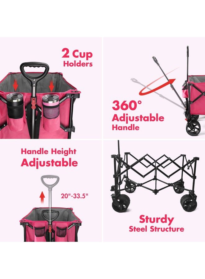 VILLEY Collapsible Wagon with Big Wheels, Enlarged 225lbs Load Capacity Beach Wagon, Heavy Duty Folding Wagon Cart with 2 Cup Holders, Portable Utility Foldable Garden Cart for Outdoor, Camping, Pink - Image 4