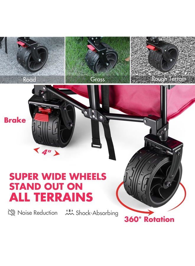 VILLEY Collapsible Wagon with Big Wheels, Enlarged 225lbs Load Capacity Beach Wagon, Heavy Duty Folding Wagon Cart with 2 Cup Holders, Portable Utility Foldable Garden Cart for Outdoor, Camping, Pink - Image 3