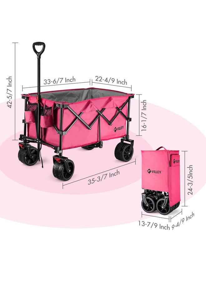 VILLEY Collapsible Wagon with Big Wheels, Enlarged 225lbs Load Capacity Beach Wagon, Heavy Duty Folding Wagon Cart with 2 Cup Holders, Portable Utility Foldable Garden Cart for Outdoor, Camping, Pink - Image 5