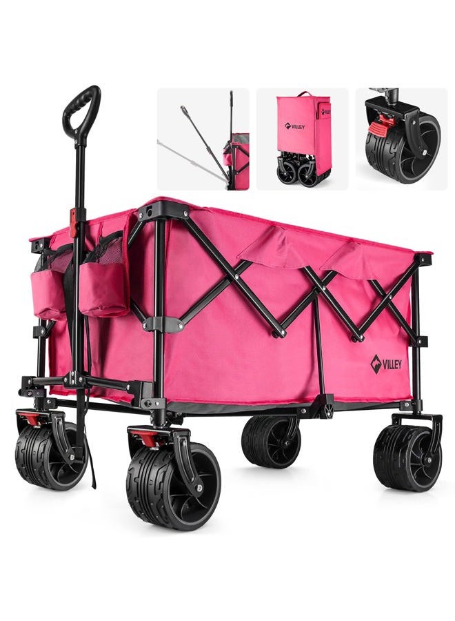 VILLEY Collapsible Wagon with Big Wheels, Enlarged 225lbs Load Capacity Beach Wagon, Heavy Duty Folding Wagon Cart with 2 Cup Holders, Portable Utility Foldable Garden Cart for Outdoor, Camping, Pink - Image 1