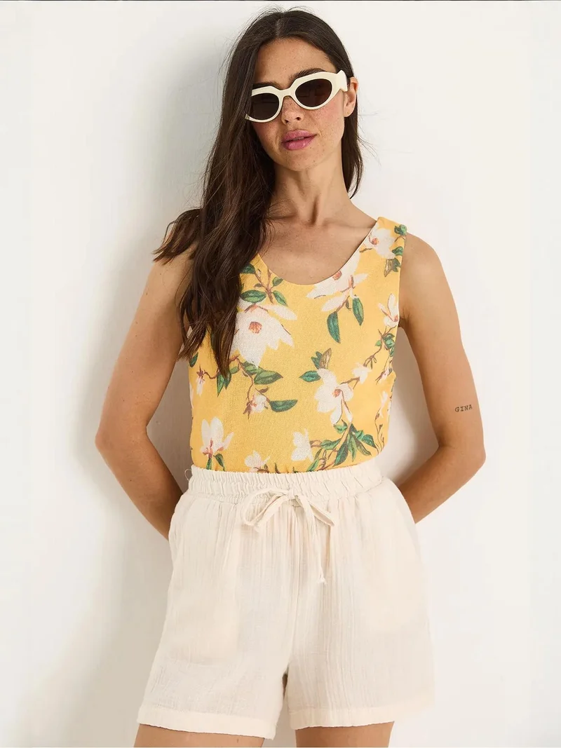 Bianco Lucci Lemon Yellow LUCCI Floral U Collar Sleeveless Top for Women | Best Price UAE