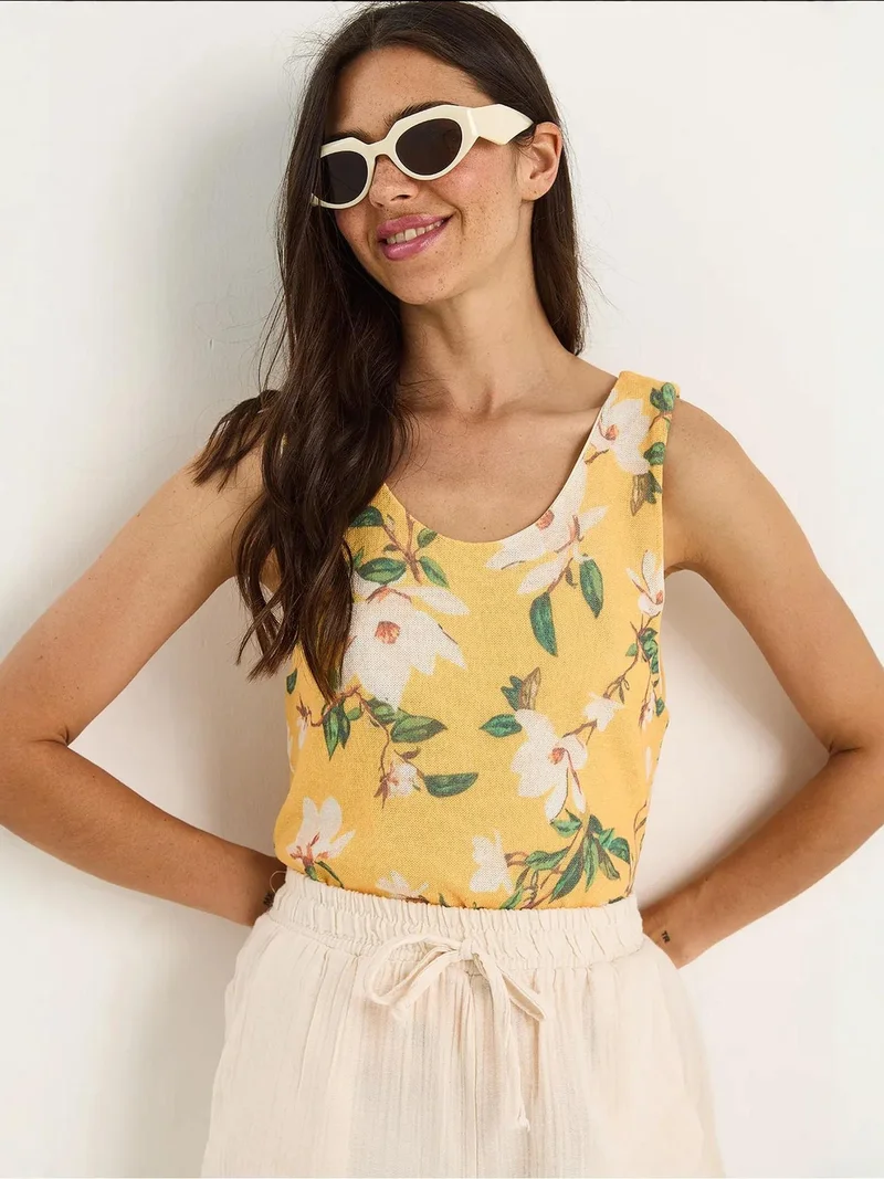 Bianco Lucci Lemon Yellow LUCCI Floral U Collar Sleeveless Top for Women | Best Price UAE