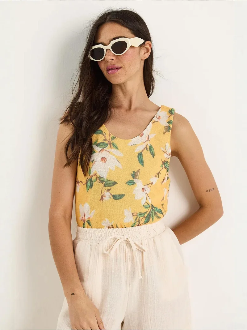 Bianco Lucci Lemon Yellow LUCCI Floral U Collar Sleeveless Top for Women | Best Price UAE