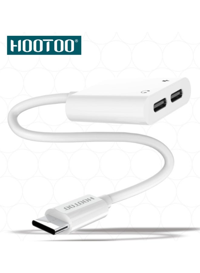 هوتو محول HOOTOO USB-C مزدوج لتوصيل وشحن سماعتين أو أجهزة متعددة بسرعات عالية وجودة صوت ممتازة – تصميم مرن ومثالي للهواتف والتابلت واللابتوب محول HOOTOO تايب سي مزدوج 2 في 1 للشحن والاستماع معًا – أداء سريع وتصميم مرن مثالي للسفر والاستخدام اليوميمحول متعدد المنافذ من USB-C إلى منفذ سماعة USB-C ومنفذ شاحن USB-C بتوافق واسع للاجهزة 2 في 1 محول تايب سي محول سماعه محول شاحن مع سماعه مخرج سماعه وصوت مخرج مخرج صوت مخرج شاحن - Image 1