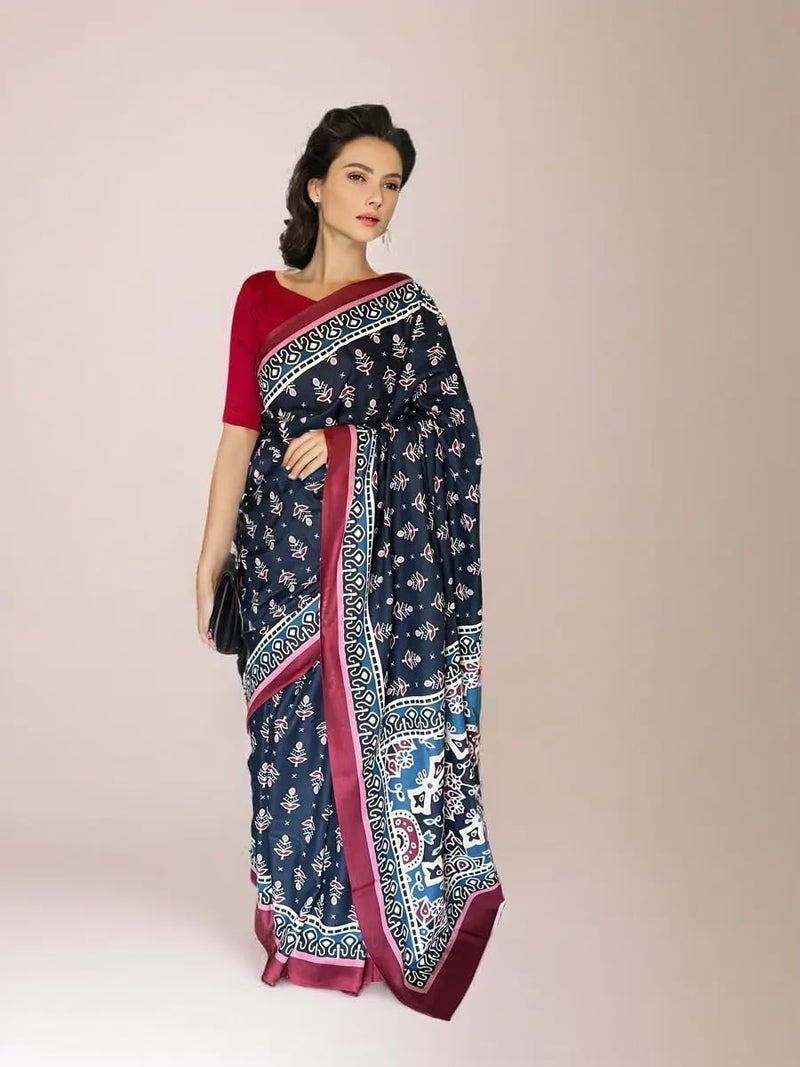 NK Textiles Women's Floral Batik Block Print Navy Blue Colored Soft Mul Mul Cotton Saree with Blouse (4 DESIGNS) - Image 4