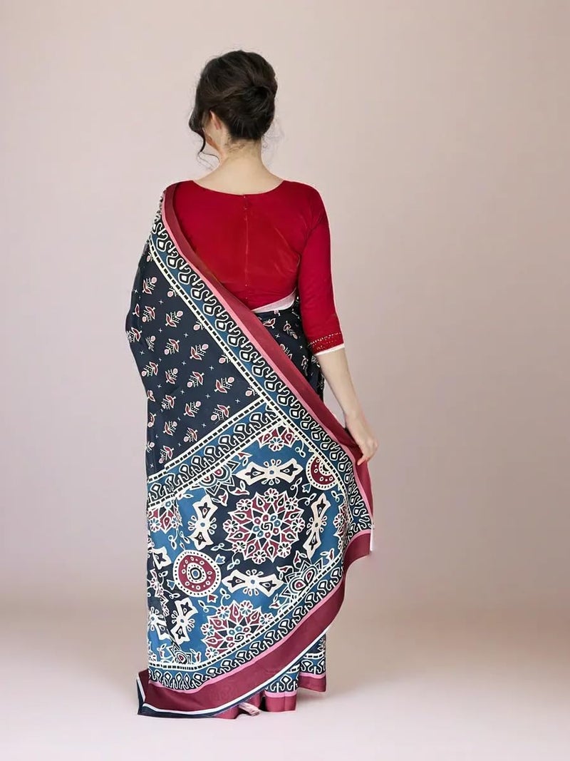 NK Textiles Women's Floral Batik Block Print Navy Blue Colored Soft Mul Mul Cotton Saree with Blouse (4 DESIGNS) - Image 2