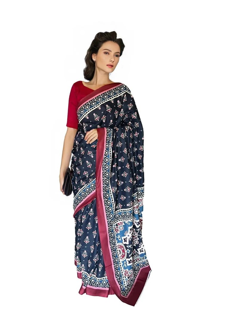 NK Textiles Women's Floral Batik Block Print Navy Blue Colored Soft Mul Mul Cotton Saree with Blouse (4 DESIGNS) - Image 1