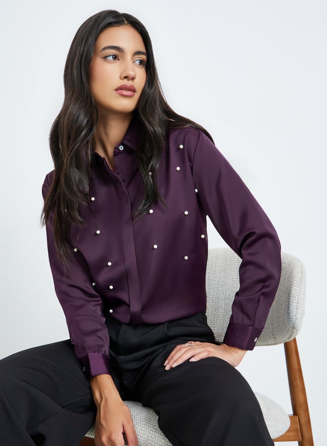 Styli Purple Pearl-Embellished Long Sleeve Shirt - Image 1
