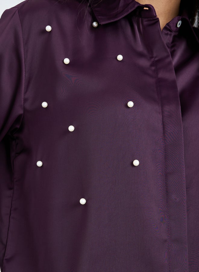 Styli Purple Pearl-Embellished Long Sleeve Shirt - Image 4