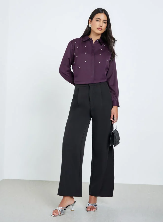 Styli Purple Pearl-Embellished Long Sleeve Shirt