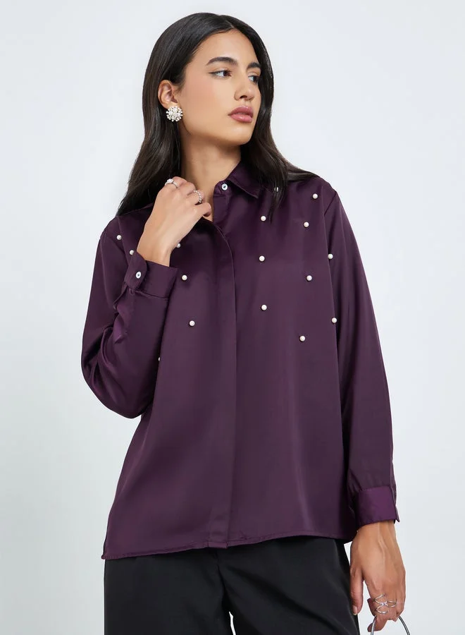Styli Purple Pearl-Embellished Long Sleeve Shirt
