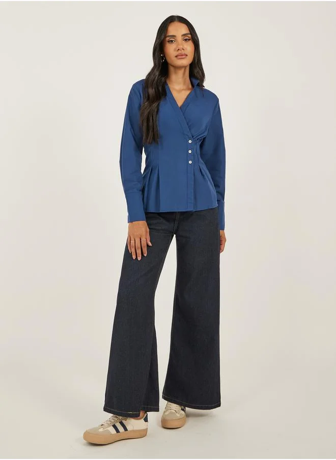 Styli Women Navy Blue Solid Pleated Regular Fit Wrap Shirt
