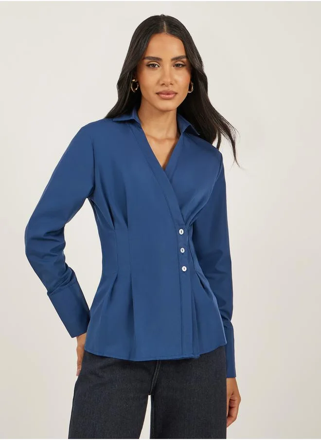 Styli Women Navy Blue Solid Pleated Regular Fit Wrap Shirt
