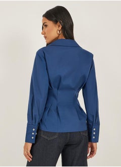 Styli Women Navy Blue Solid Pleated Regular Fit Wrap Shirt  - Image 4