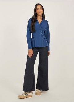 Styli Women Navy Blue Solid Pleated Regular Fit Wrap Shirt  - Image 2