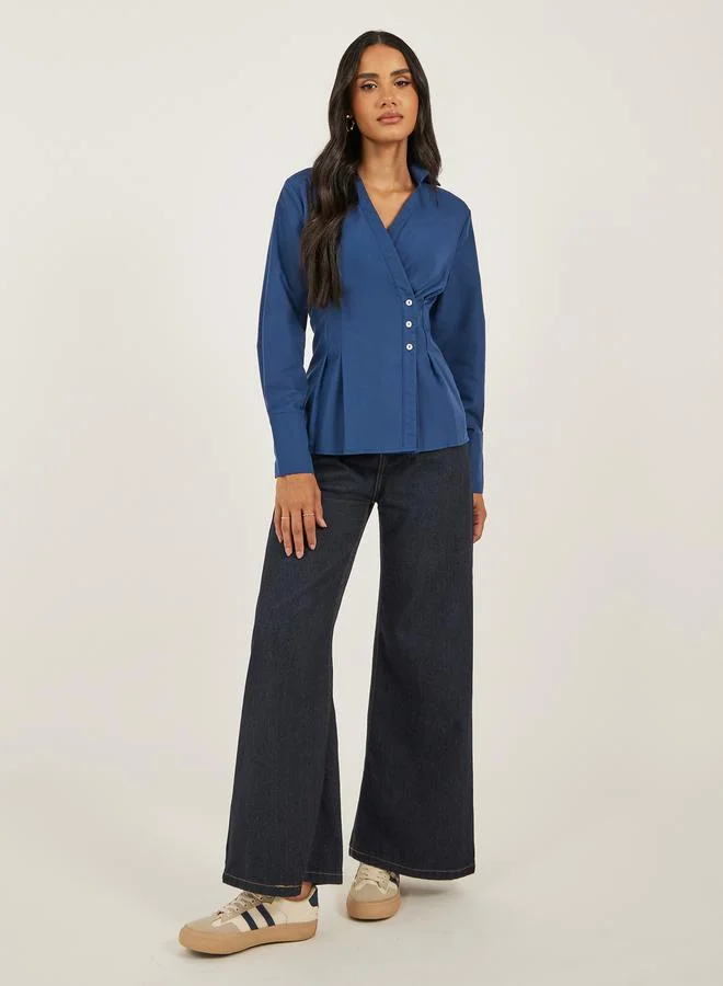 Styli Women Navy Blue Solid Pleated Regular Fit Wrap Shirt