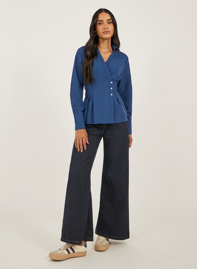 Styli Women Navy Blue Solid Pleated Regular Fit Wrap Shirt - Image 2