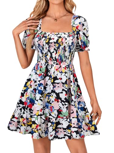 Rooscier Women's Summer Boho Floral Print Square Neck Smocked Ruffle Casual Sundress Mini Dress Multicolor Floral Large - Image 2