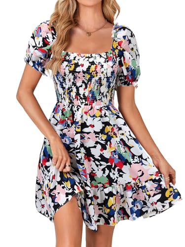Rooscier Women's Summer Boho Floral Print Square Neck Smocked Ruffle Casual Sundress Mini Dress Multicolor Floral Large - Image 1