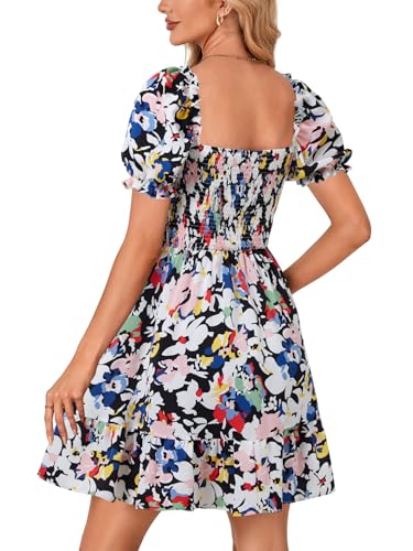 Rooscier Women's Summer Boho Floral Print Square Neck Smocked Ruffle Casual Sundress Mini Dress Multicolor Floral Large - Image 5