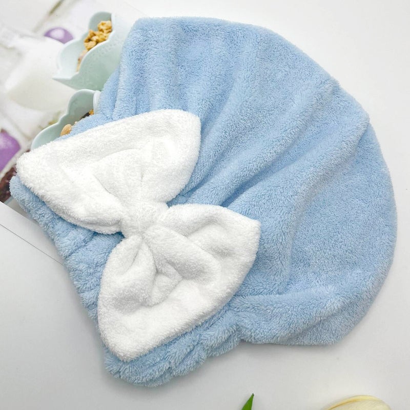 Generic Cute bow princess cap wholesale womens quick-drying absorbent bath dry hair towel coral fleece single-layer shower cap dry hair cap Light blue hat
