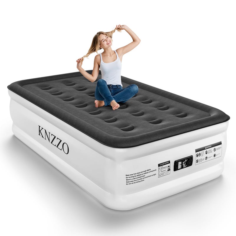 KNZZO Twin Air Mattress with Built-in Pump, 18" Top Inflatable Mattress with Waterproof Flocking Fabric, Three-Minute Quick-Inflatable Bed. Portable Blow Up Mattress for Home, Outdoor and Guests - Image 1