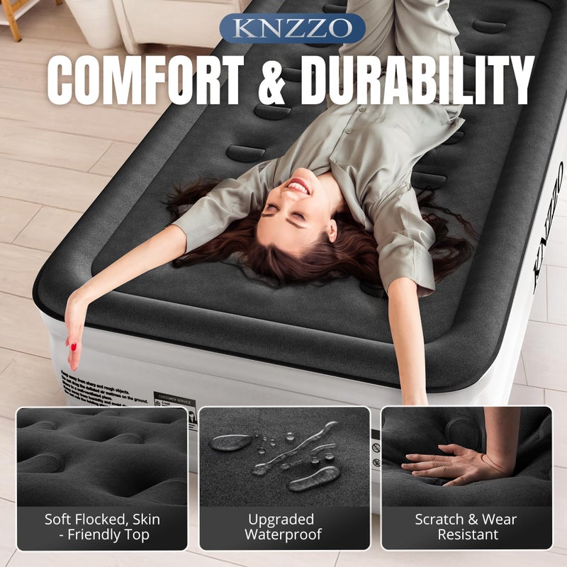 KNZZO Twin Air Mattress with Built-in Pump, 18" Top Inflatable Mattress with Waterproof Flocking Fabric, Three-Minute Quick-Inflatable Bed. Portable Blow Up Mattress for Home, Outdoor and Guests - Image 4