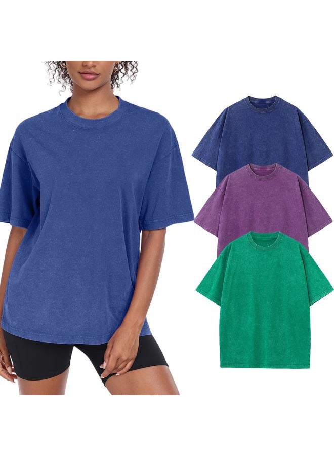 SnowElve Womens Washed Vintage Oversized T-Shirt Casual Baggy Streetwear Boyfriend Tee Workout Short Sleeve Cotton Tops, Blue+green+purple, XL - Image 1