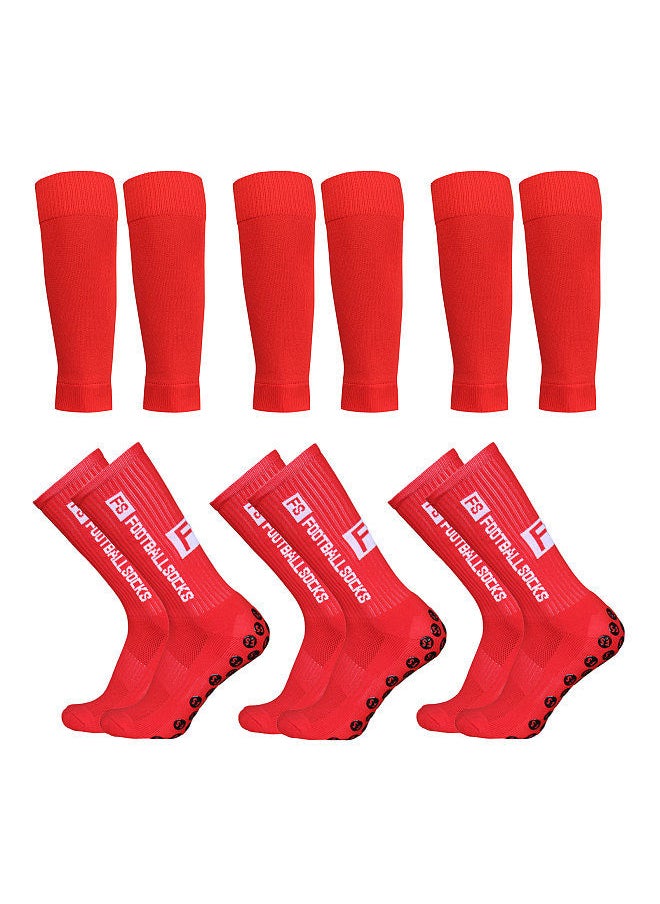 Generic 3 Pairs Anti Slip Soccer Socks and Calf Sleeves Set Outdoor Sport Running Stretch Socks Athletic Football Socks with Grips  - Image 1