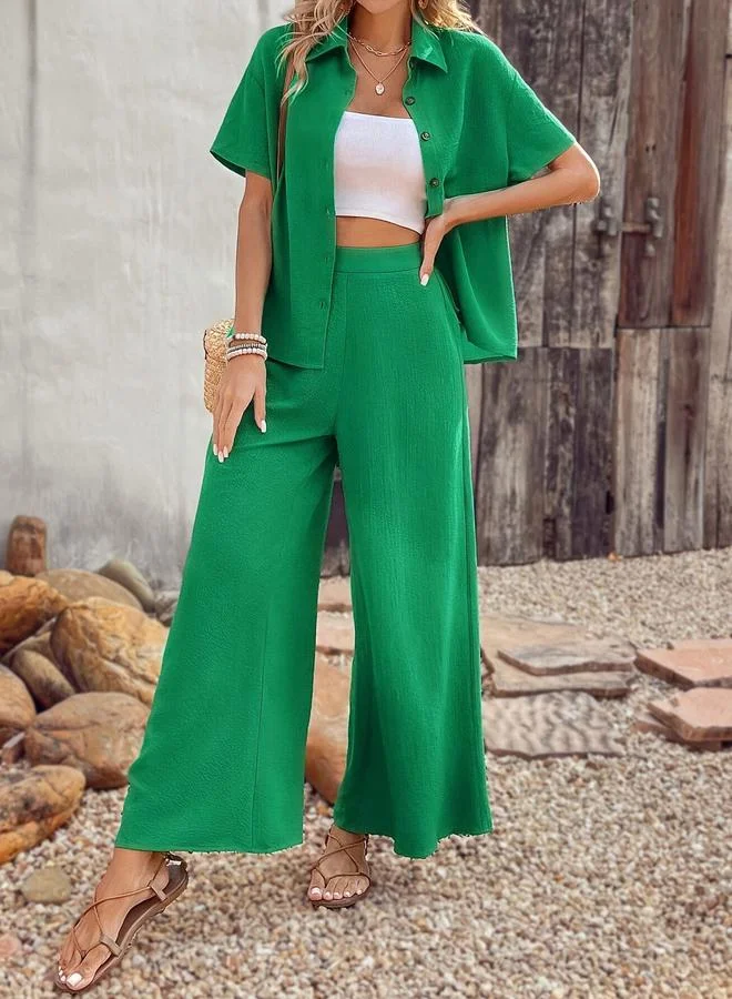 Take Two Green Textured Shirt and Wide Leg Pants Co-Ords