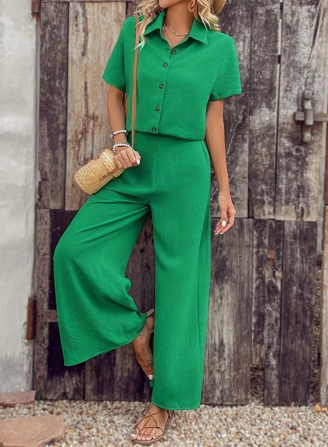 Take Two Green Textured Shirt and Wide Leg Pants Co-Ords