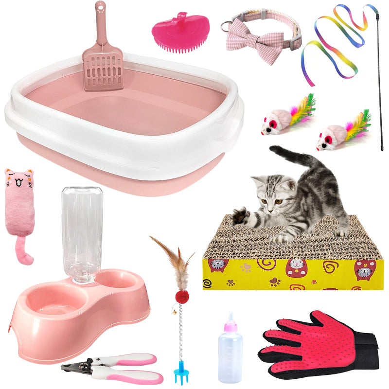 Hlimior Kitten Starter Kit 15Piece Cat Essentials Set Includes Litter Box Toys Collars Scratch Pad Nail File Automatic Feed Bowls Grooming Gloves Pink - Image 2