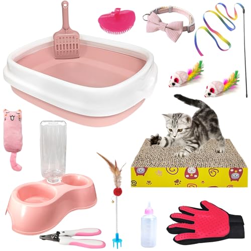 Hlimior Kitten Starter Kit 15Piece Cat Essentials Set Includes Litter Box Toys Collars Scratch Pad Nail File Automatic Feed Bowls Grooming Gloves Pink - Image 1