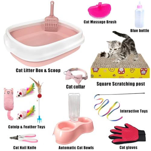 Hlimior Kitten Starter Kit 15Piece Cat Essentials Set Includes Litter Box Toys Collars Scratch Pad Nail File Automatic Feed Bowls Grooming Gloves Pink - Image 3