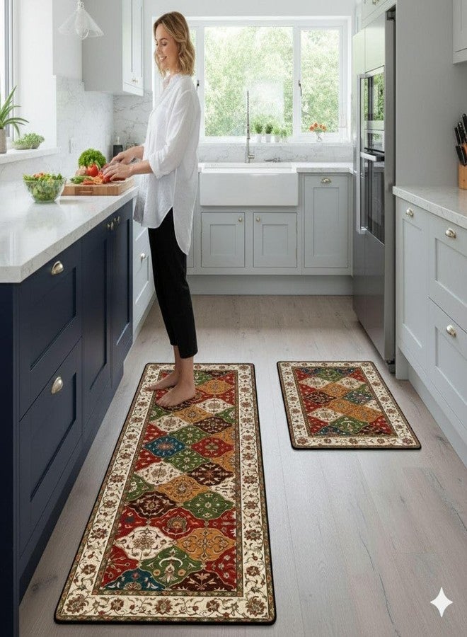 Thea Persian Kitchen Rugs and Mats Set of 2 Turkish Floor Mats Comfort Non-Slip Washable for Kitchen Farmhouse Home Decor Boho Doormat, 17" W x 29" L + 17" W x 47" L - Image 2
