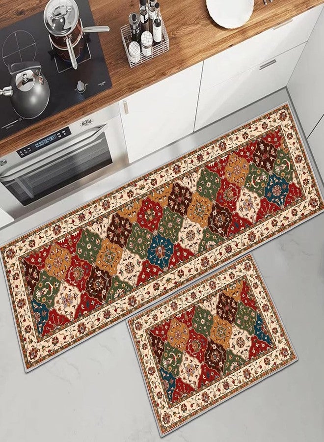 Thea Persian Kitchen Rugs and Mats Set of 2 Turkish Floor Mats Comfort Non-Slip Washable for Kitchen Farmhouse Home Decor Boho Doormat, 17" W x 29" L + 17" W x 47" L - Image 1