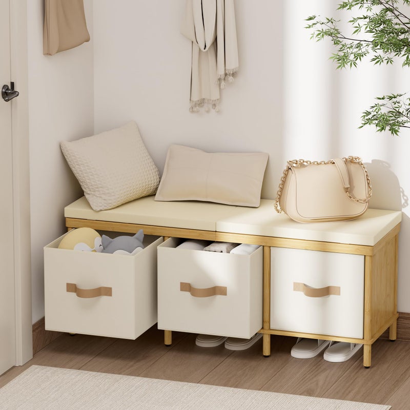 Atoping Storage Bench, 43.3" Bamboo Storage Chest with 3 Drawers, Entryway Bench with Cushioned Seat, End of Bed Bench with Storage Toy Box, Toy Chest Storage Bench for Entryway, Living Room, Bedroom - Image 1