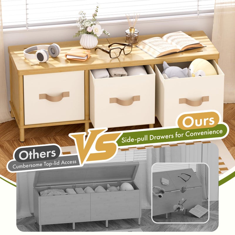 Atoping Storage Bench, 43.3" Bamboo Storage Chest with 3 Drawers, Entryway Bench with Cushioned Seat, End of Bed Bench with Storage Toy Box, Toy Chest Storage Bench for Entryway, Living Room, Bedroom - Image 4