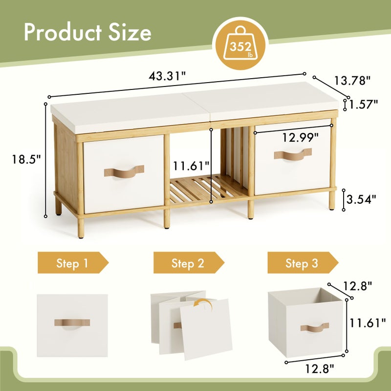 Atoping Storage Bench, 43.3" Bamboo Storage Chest with 3 Drawers, Entryway Bench with Cushioned Seat, End of Bed Bench with Storage Toy Box, Toy Chest Storage Bench for Entryway, Living Room, Bedroom - Image 2