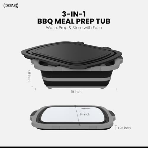 COSPARX XL Collapsible BBQ Prep Tub with Cutting Board Drain Plug Portable Food Prep Station for Kitchen Camping Grill Dishwasher Safe SpaceSaving Design HeatResistant Glove Included Black - Image 3