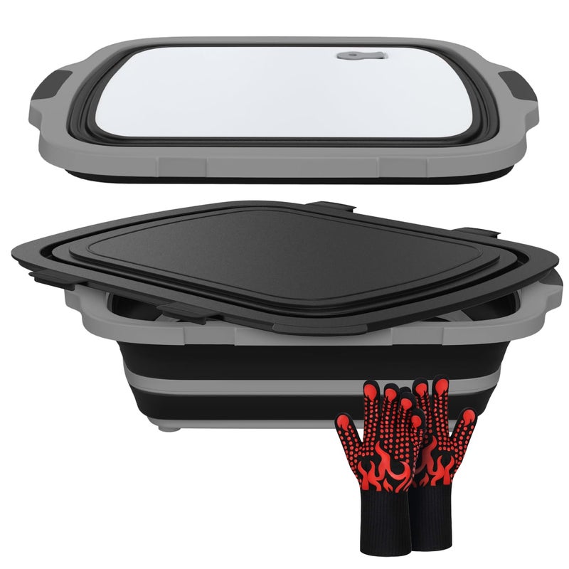 COSPARX XL Collapsible BBQ Prep Tub with Cutting Board Drain Plug Portable Food Prep Station for Kitchen Camping Grill Dishwasher Safe SpaceSaving Design HeatResistant Glove Included Black - Image 2