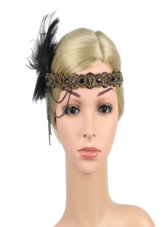 STIOEDYUAN 1920s Feather Headband Flapper Headpiece Crystal Beaded Gatsby Rhinestone Hair Chain Accessories For Women Tassel Headdress (Black+Gold) - Image 4