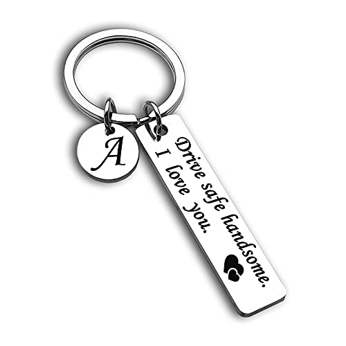 OUMILAN Drive Safe Keychain 26 Letters Keychain Gifts for Boyfriend Couple Husband Dad Birthday Christmas Valentines Day Gifts (A-silver) - Image 1