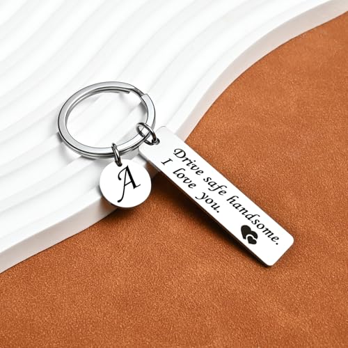 OUMILAN Drive Safe Keychain 26 Letters Keychain Gifts for Boyfriend Couple Husband Dad Birthday Christmas Valentines Day Gifts (A-silver) - Image 2