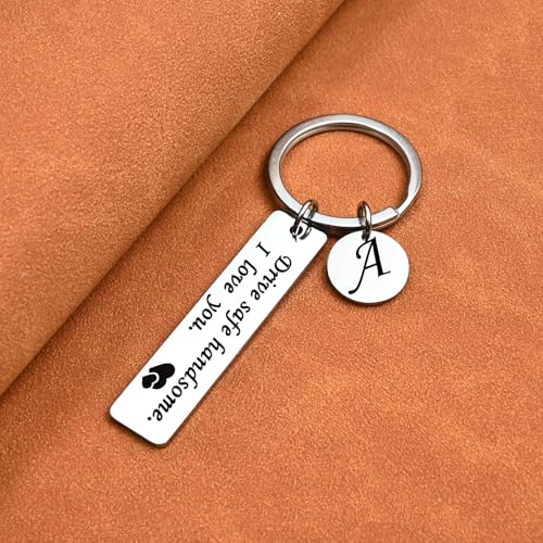 OUMILAN Drive Safe Keychain 26 Letters Keychain Gifts for Boyfriend Couple Husband Dad Birthday Christmas Valentines Day Gifts (A-silver) - Image 3