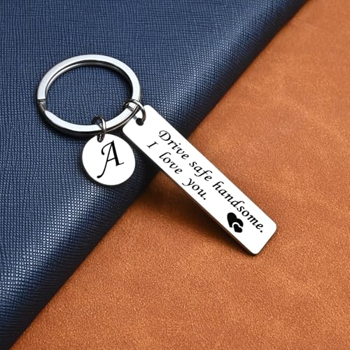 OUMILAN Drive Safe Keychain 26 Letters Keychain Gifts for Boyfriend Couple Husband Dad Birthday Christmas Valentines Day Gifts (A-silver) - Image 4